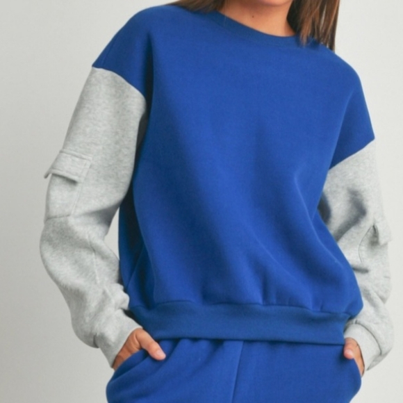 #058B 🛑M NEW! CHIC TRENDY Patched Pocket Sleeve Contrast Sweetshirts - Picture 10 of 12